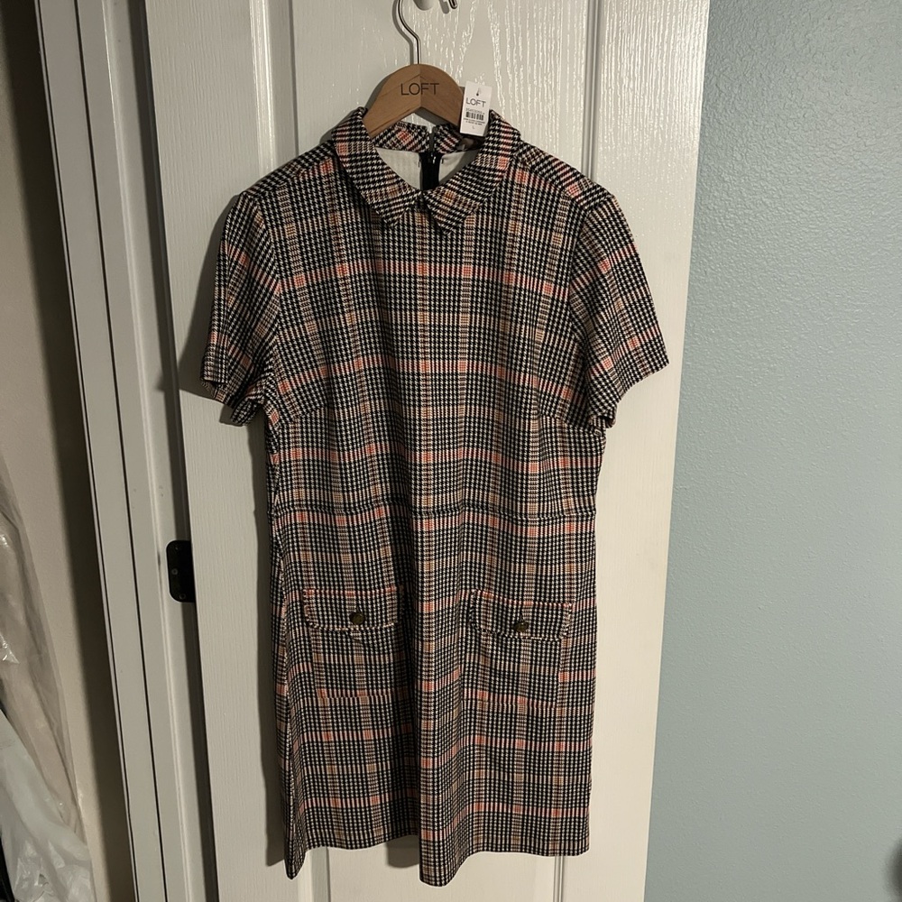 LOFT Women's Black and Pink Plaid Dress (NWT)